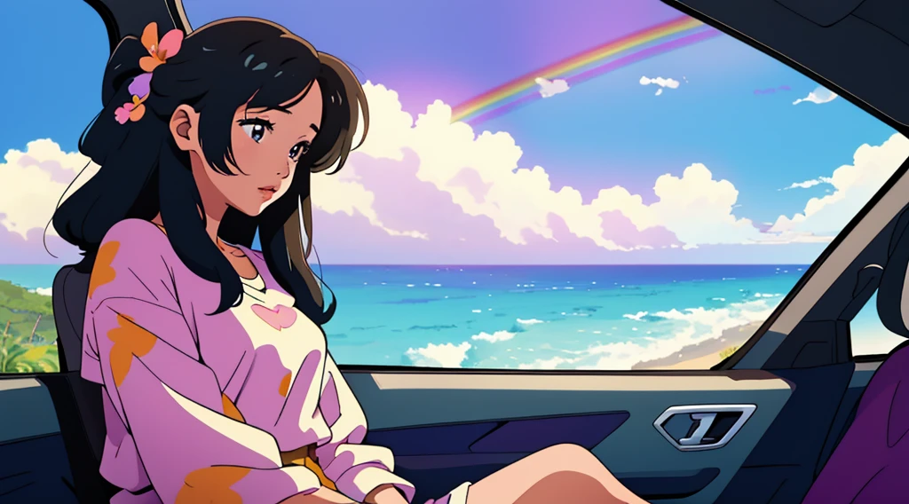 masterpiece, Highest quality, Rainbow Style, anime, Beautiful Asian Girl, Sitting in a car, Along the Hawaiian Coast, Cute and dreamy,anime,Illustrator,Lo-fi Girl, Blues,