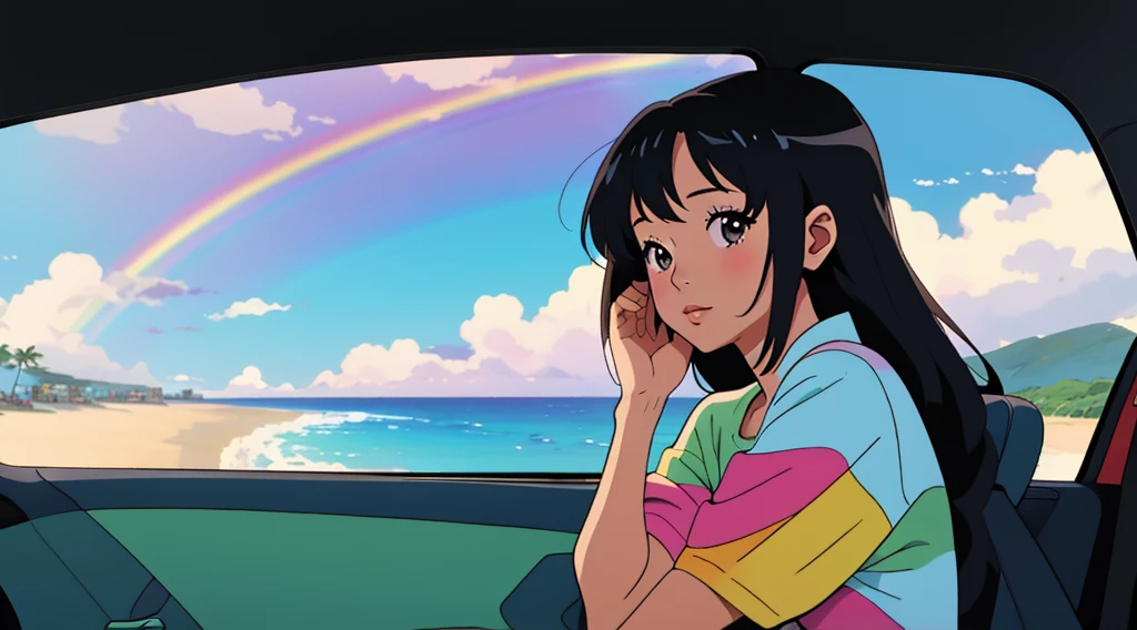 masterpiece, Highest quality, Rainbow Style, anime, Beautiful Asian Girl, Sitting in a car, Along the Hawaiian Coast, Cute and dreamy,anime,Illustrator,Lo-fi Girl, Blues,