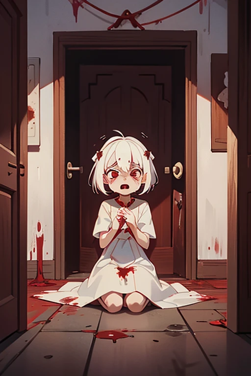 white hair girl, red eyes and fangs, sitting crying at the entrance of a door with blood on her hands, she wears a white dress.