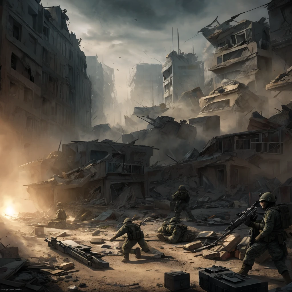 a heavily armed military task force, highly detailed military uniforms, tactical gear, assault rifles, taking rebel prisoners, battle aftermath, destroyed city environment, rubble and debris, dramatic lighting, cinematic composition, gritty Syfy style, muted color palette, dust and smoke effects, dynamic camera angle, tense and gripping scene