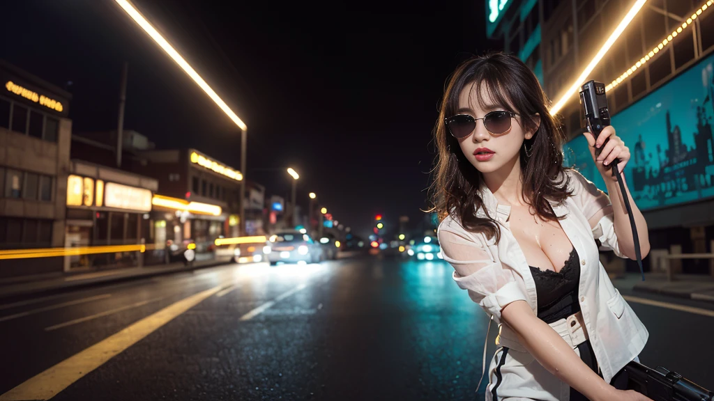 (Raw photography, 4K, masterpiece, hight resolution, very intricate), (Photorealsitic:1.4), Cinematic Lighting, (((((at night))))), (((1Girl, solo))), solofocus, Wet, full body Esbian,large breasts, Chest exposed, cleavage of the breast, wide open ass, pubic hair, Slim waist, eyes are brown, ((masterpiece:1.2)), top-quality, top-quality, Official art,the Extremely Detailed CG Unity 8K Wallpapers, artbook, a picture, (Brown hair long hair), Hair disheveled, aerial view of cyberpunk city, Expressive Hues, Vibrant Palette, B deficiency and white clothes, (((matrix style black micro sunglasses))), (((aiming with a short gun))), (((looking at camera))), (((very low view))).