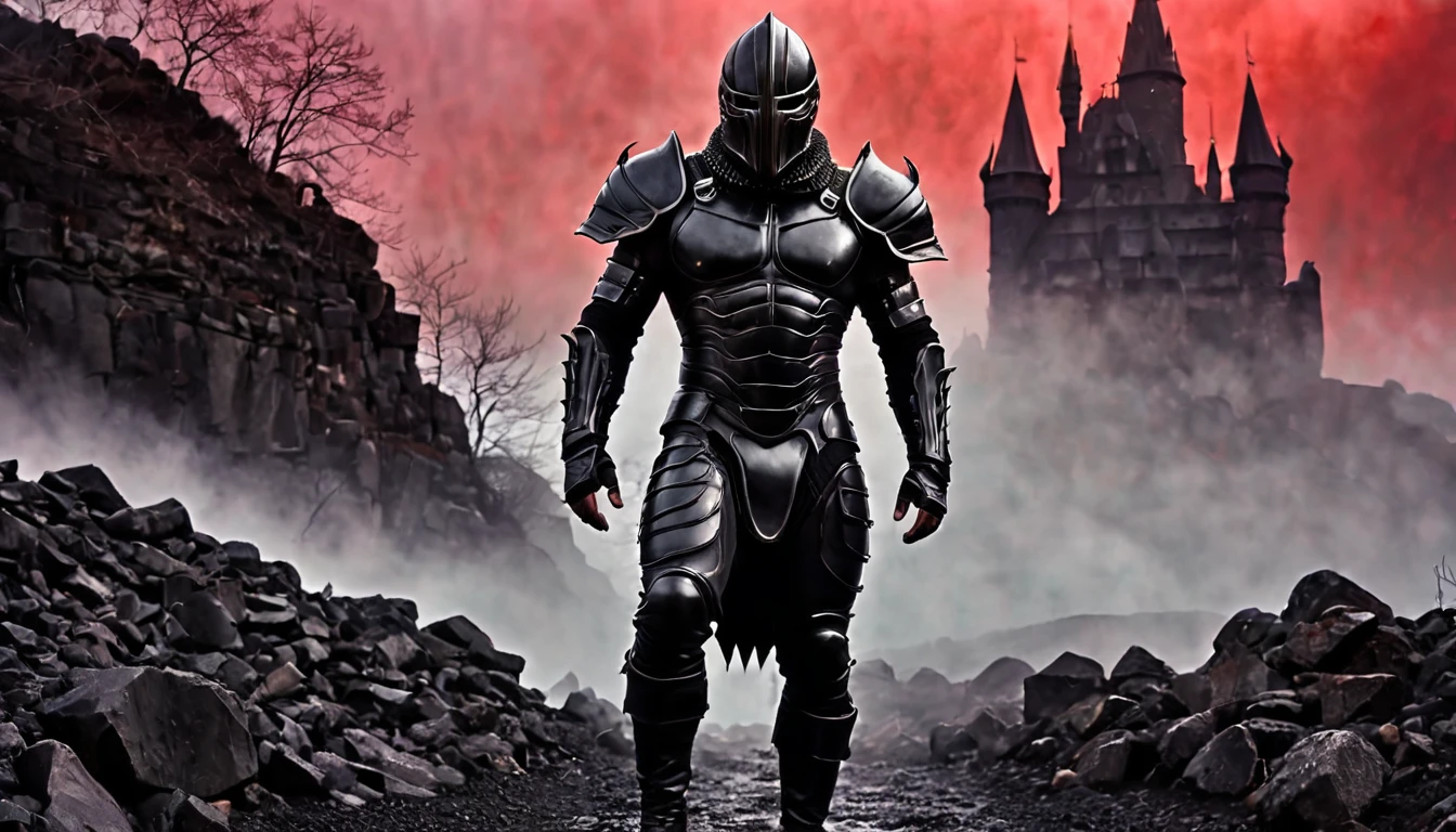dark, muscular warrior, his face is covered by the mask of horror, he wears black leather armor, walking in front of the camera, full body, in the background a rugged hillside of black stones, surrounded by red fog, dark image, noir, rule of thirds, cinematic, ultra detailed, visually rich, (concept art by H. R. Giger), dark fantasy, intricate details, extremely detailed, (in the background a dark castle of altyas towers) ultra sharp focus, attention to detail, grandeur and amazement, stunning visual masterpiece, double exposure, 32k, photorealistic, strong contours, cinematic scene, highest quality