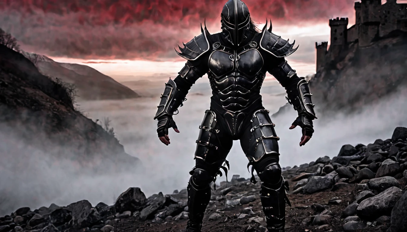 dark, muscular warrior, his face is covered by the mask of horror, he wears black leather armor, walking in front of the camera, full body, in the background a rugged hillside of black stones, surrounded by red fog, dark image, noir, rule of thirds, cinematic, ultra detailed, visually rich, (concept art by H. R. Giger), dark fantasy, intricate details, extremely detailed, (in the background a dark castle of altyas towers) ultra sharp focus, attention to detail, grandeur and amazement, stunning visual masterpiece, double exposure, 32k, photorealistic, strong contours, cinematic scene, highest quality