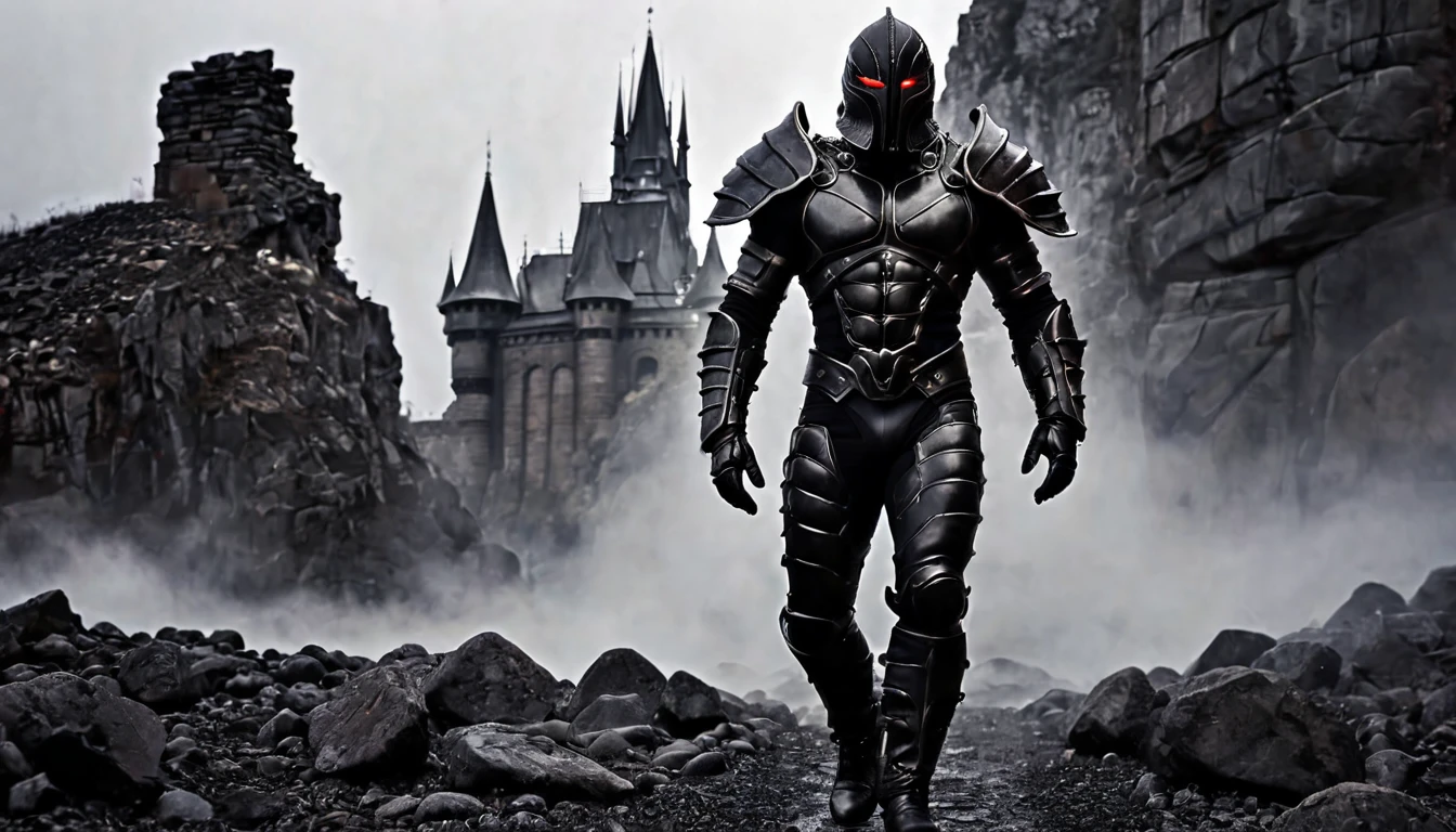 dark, muscular warrior, his face is covered by the mask of horror, he wears black leather armor, walking in front of the camera, full body, in the background a rugged hillside of black stones, surrounded by red fog, dark image, noir, rule of thirds, cinematic, ultra detailed, visually rich, (concept art by H. R. Giger), dark fantasy, intricate details, extremely detailed, (in the background a dark castle of altyas towers) ultra sharp focus, attention to detail, grandeur and amazement, stunning visual masterpiece, double exposure, 32k, photorealistic, strong contours, cinematic scene, highest quality