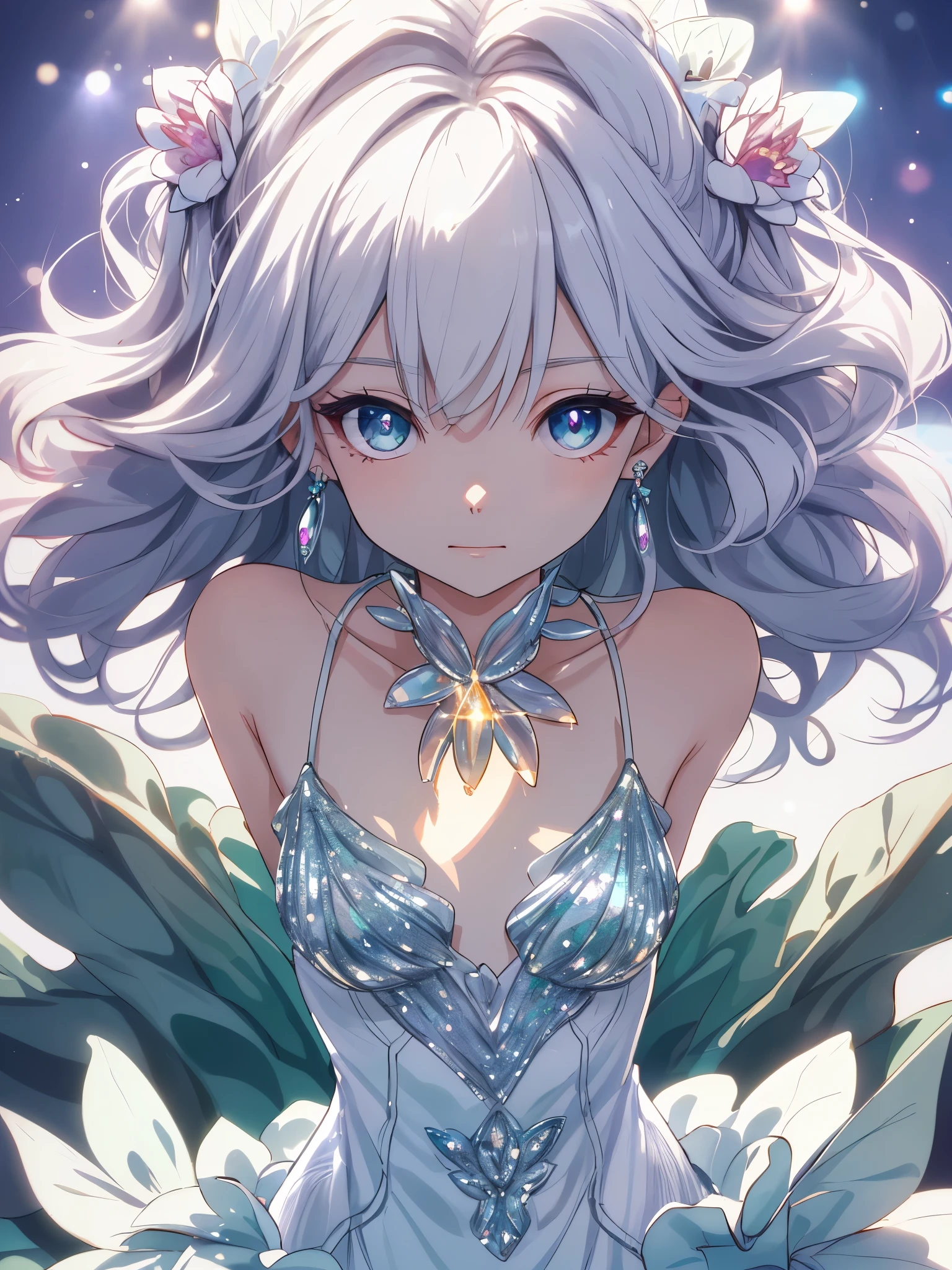 masterpiece, highest quality, figure, alexandrite eyes and hair, platinum earrings, Platinum Necklace, white dress, The Little Mermaid, cute, (dynamic lighting:1.2), cinematic lighting, delicate features, fine eyes, sharp pupils, realistic student, Depth of bounds written, Bokeh, sharp focus, (very detailed, bloom, shine:1.4), Many Small Gems