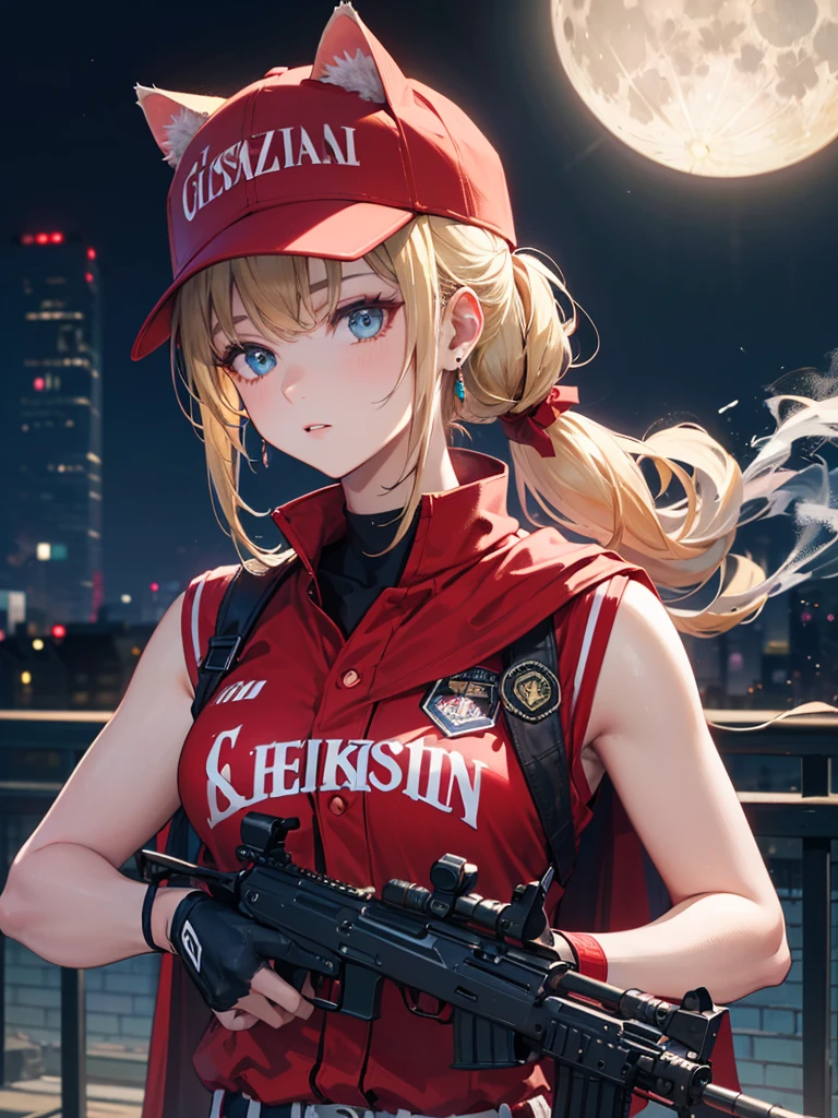 ((kalashnikov_rifle,assault_rifle ,holding_gun))  (((Blonde hair　short ponytail　Wear a cap)))　((cyber punk　Earrings　Smoke a cigarette  solo)),((Shining Moon　Shining Background)) ,((Cat ears)), ((Sleeveless)),((Wine Red Baseball Cap)),((Wearing a wine red baseball uniform))、((Red Cape))、Pale blue eyes ,upper body,(Best Quality, 8k, Oil painting, Mastepiece:1.2), Super detailed, (Realism, It&#39;s photorealistic:1.37), 