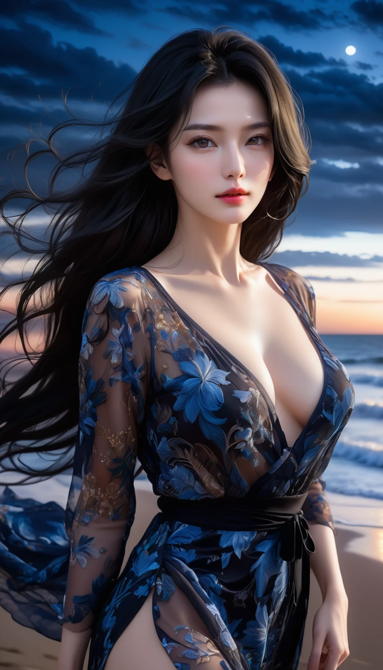 4K resolution,8K resolution,beautiful,Highest quality,Absolutely wonderful,Very detailed,Ultra-high resolution,masterpiece,RAW Photos,Realistic,Depth of written boundary,Cinematic Light,
One elegant mature woman,
Long black hair,精巧なディテールのbeautiful顔,Sensual look,Heavy eye make-up,Transparent white skin,Very sensitive skin,Great proportions,Glamorous Body,Anatomically correct body,
Bold beach dress,Summery design,Beautifully detailed pattern,Detailed cloth texture,
Night sky background,Dark overcast sky,Dark sandy beach at night,Coastline stretching to the horizon,Deserted beach,Dark sea surface,
Cinematic Angle,