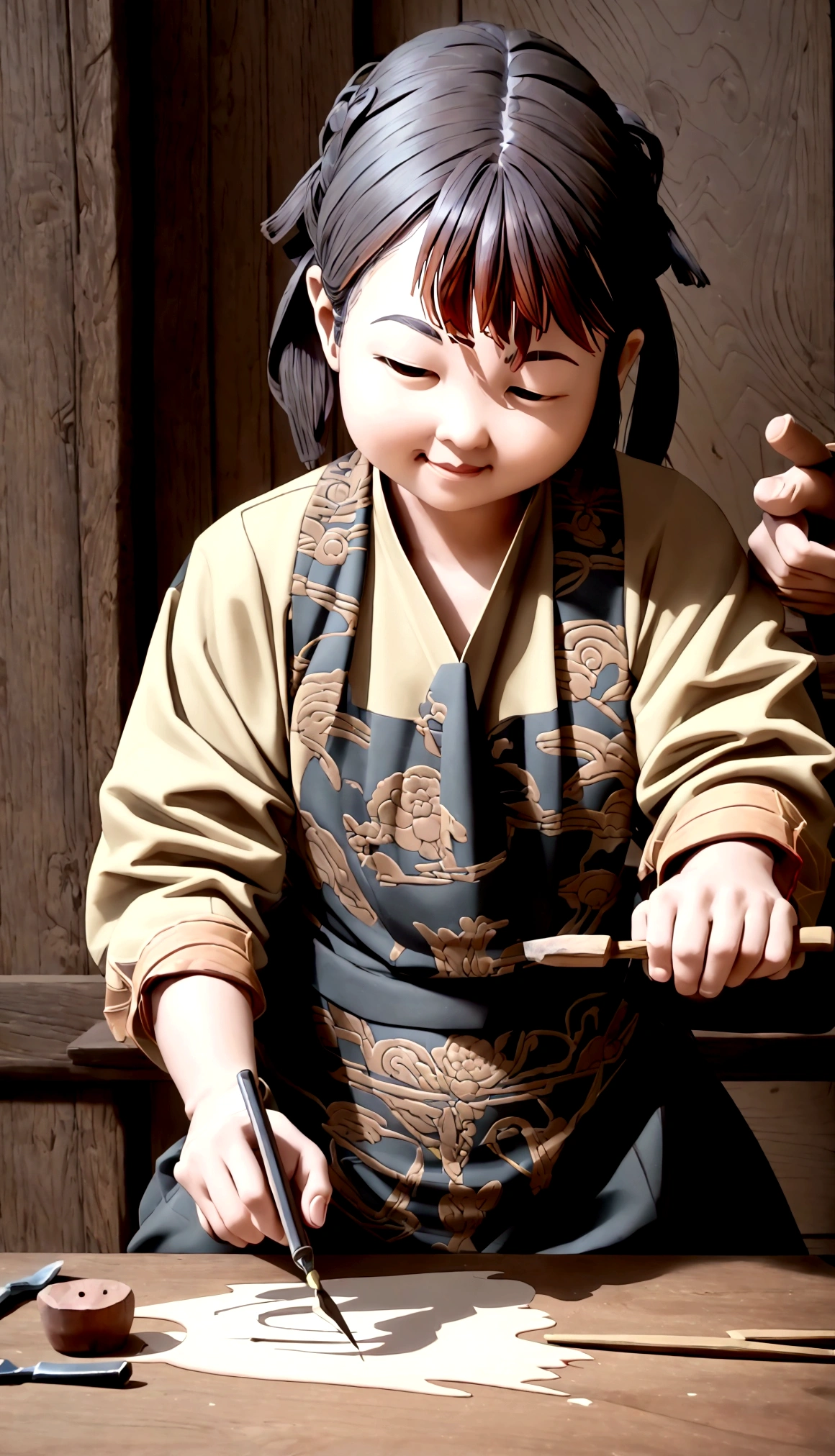 Traditional handicraft workshop,A craftsman is carving,The table is filled with messy carving tools,The walls are covered with sculptures,high quality,masterpiece,simple,Chinese style
