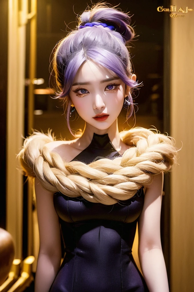 A with a leash of straight white hair, dark skin, Latin ancestry, purple irises, wearing a black tatical suit with golden threads and wearing golden earrings shaped like snakes. Detailed eyes, detailed face, intricate grunge outfits, cinematic lighting, realistic concept art of strong backlighting.
