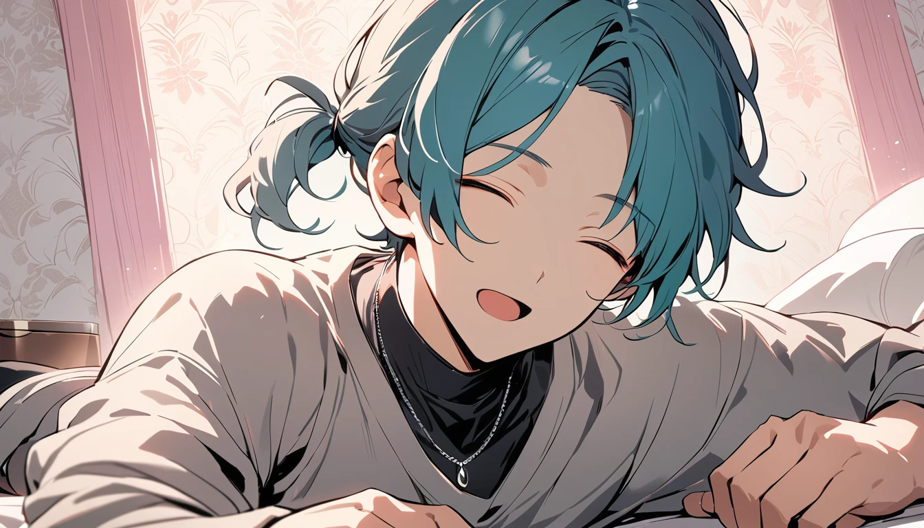 ((((best masterpiece, best quality, wallpaper,)))) solo, guy, male body, small muscles, flat chest, 1male, 30 years old, handsome man, dramatic angle, upper body, looking at viewers, beautiful detailed, lying down, mediumturquoise hair, ((((Lower short ponytail)))), asymmetrical bangs, ((short hair,)) Expressionless, ((( closed eyes, ^o^, tareme, droopy eyes,))) perfect face, extremely closed eyes, perfect hands, sharp nose, clear face, black turtleneck, grey cardigan, ((silver piercing, simple silver necklace,)) leggings, pink background color ultrasharp, 8K, masterpiece,