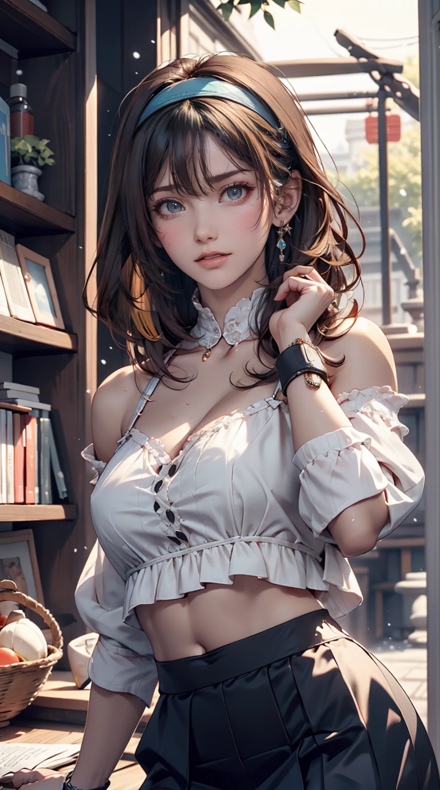 Elegant and intelligent classical Chinese woman, Wear a belly band, smileでドアの前に立っている, Her skin is brighter than snow, Her eyes are like pools of clear water. There is a faint book-like atmosphere.Sexy proportions、Sexy、Wear a sheer, frilly high-neck blouse、Wear a high-waisted skirt、Wear accessories on your wrist、Headband((hairband))、Inner Color((colored inner hair))、smile、Put a wristband on your wrist