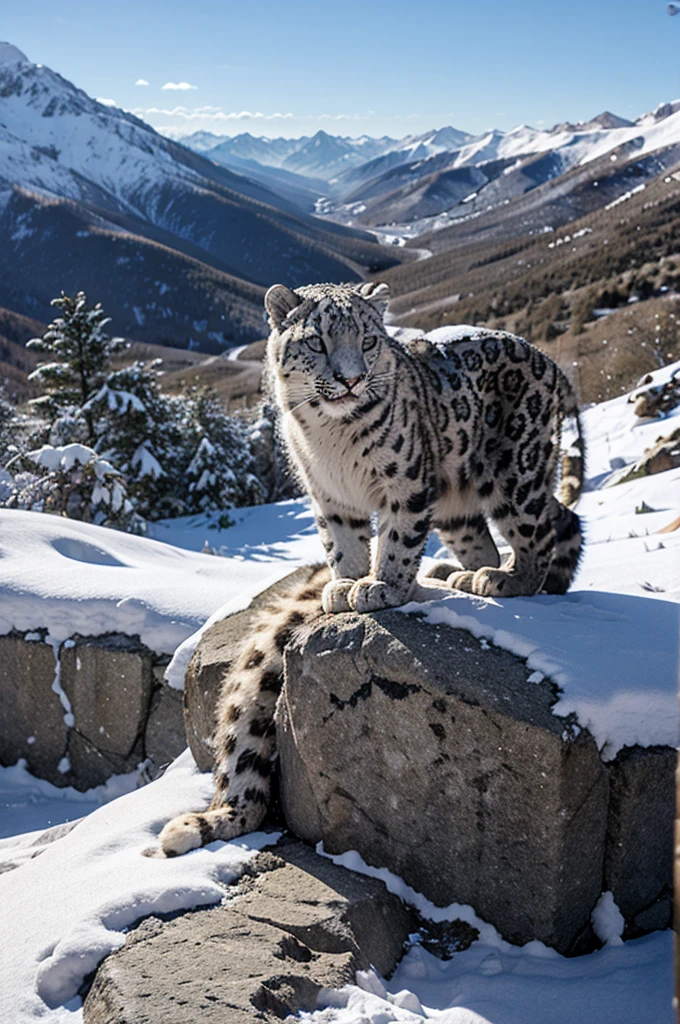 snow leopard on a mountain with snow