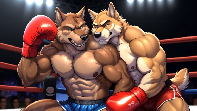 Duo male(Brown Wolf vs Brown Wolf, handsomes, Thick eyebrows), gay(Cuddling, kneeling, embraced from behind, on a boxing match), hot(Shirtless), handsomes(They are handsomes, correct anatomy), musculosos(Big muscle bodies, Six packs, muscle abs, big pecs, muscle backs, muscle legs), sweaty(very sweaty wet bodies, shiny sweat), tatuajes(they have tattoos), Angry(Both have an grumpy expression, growling, steaming breath), boxing gloves(They both are wearing red boxing gloves), Boxing shorts(They both are wearing boxing shorts), Hight resolution, by(Zourik:1.1), close up
