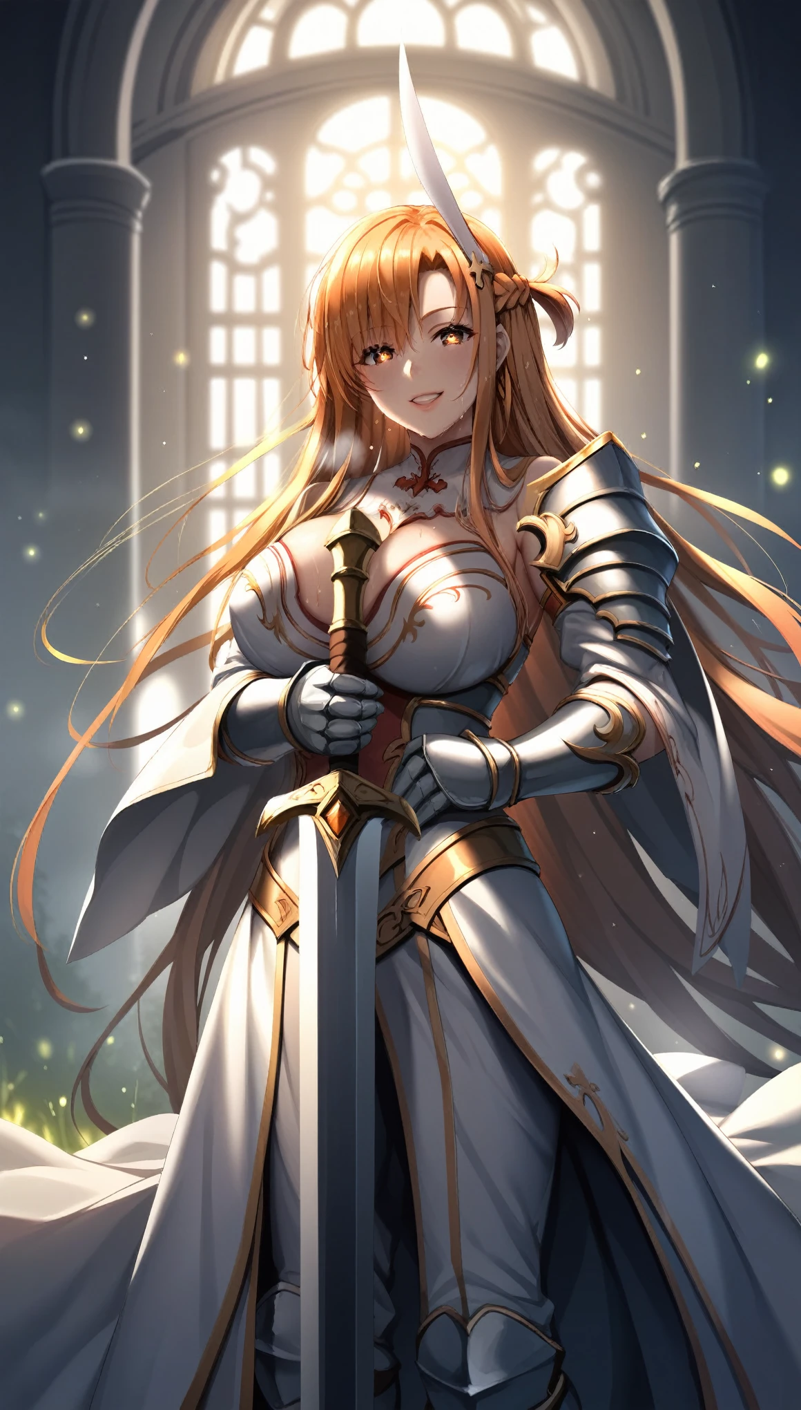 score_9, score_8_up, score_7_up, score_6_up, uncensored, Yuuki Asuna, absurdly long hair, orange eyes, orange hair, very long hair, lips, shiny skin, sweating, wet, wet hair, steaming body, heavy breathing, large breasts, detailed body, detailed eyes, smirk, upper teeth, large breasts, BREAK (masterpiece:1.2), best quality, high resolution, unity 8k wallpaper, (illustration:0.8), (beautiful detailed eyes:1.6), extremely detailed face, perfect lighting, extremely detailed CG, (perfect hands, perfect anatomy), holding, standing, weapon, female focus, sword, cape, holding weapon, armor, holding sword, shoulder armor, gauntlets, facing viewer, pauldrons, breastplate, planted, full armor, bokeh, backlighting, firefly, fireflies, hollow eyes, bright pupils, 