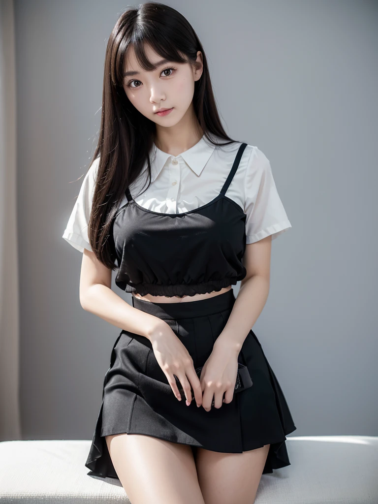 Black Skirt、Blouses that show underwear、(Highest quality)、((Very detailed))、4K、(8K)、masterpiece、Very detailedな、Highest quality、Super Resolution、1 person、Kind Face、Soft Light、RAW quality、Soft Skin、163cm、White Room