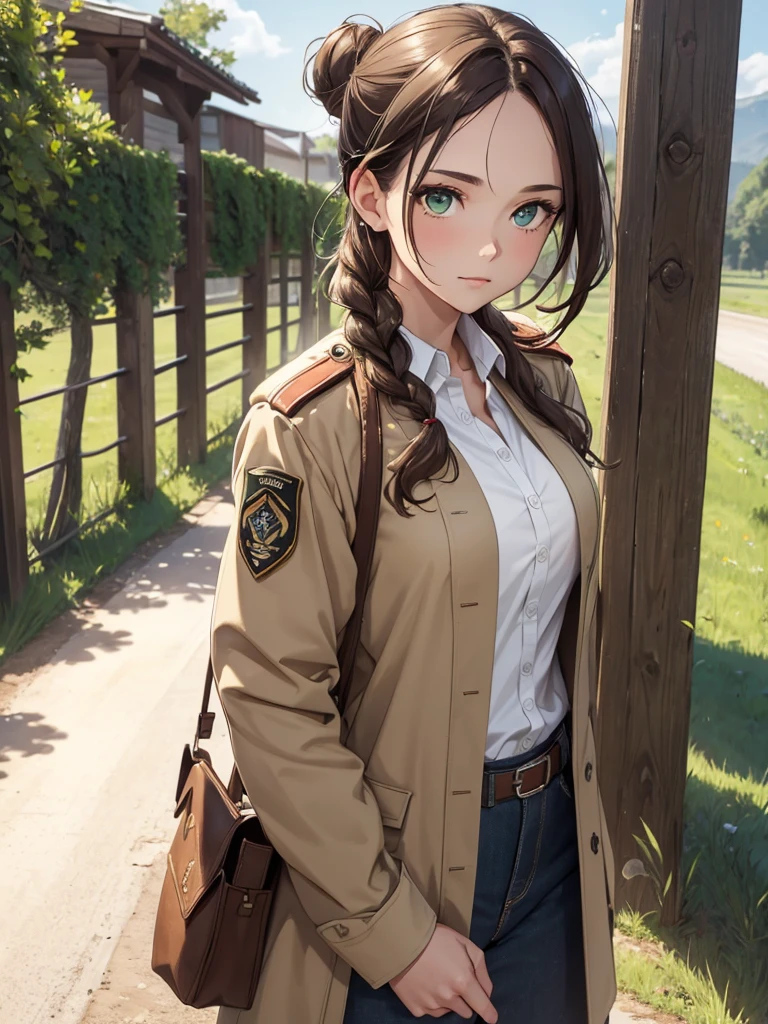 (8K, Best Quality, Masterpiece, Ultra High Resolution) 1 Girl, Woman, Beautiful Eyes, Face Details, Brunette Hair, Braided Bun Hair, Green Eyes, Pale Skin, Tan Colored Military Uniform, Tan Jacket, White Fitted Shirt, White Pants, Brown Leather Boots, Military Badge, Outside, Dirt Road, Countryside, Best Quality, Upper Body, Looking at the Viewer, Facing Viewer, Close Up