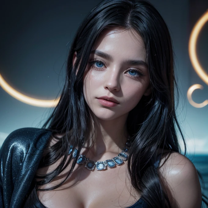 ( high qualiy , ultra detaild, be careful with your hand )Zodiac - Sagittarius goddess , similar to Latin kindness . sanguine, detached, funny and intellectual face . irresponsible, cold heart, impatient, overly confident style . dark blue eyes (Eyes Detail) , deep blue hair with bling bling , Transparent robe , in the ocean with stars , all-body , fire makeup , god Chiron