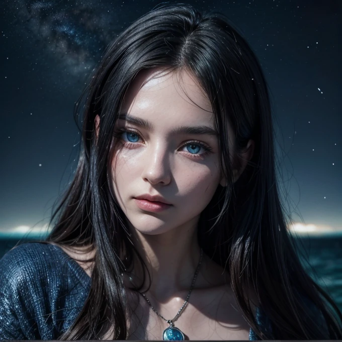 ( high qualiy , ultra detaild, be careful with your hand )Zodiac - Sagittarius goddess , similar to Latin kindness . sanguine, detached, funny and intellectual face . irresponsible, cold heart, impatient, overly confident style . dark blue eyes (Eyes Detail) , deep blue hair with bling bling , Transparent robe , in the ocean with stars , all-body , fire makeup , god Chiron