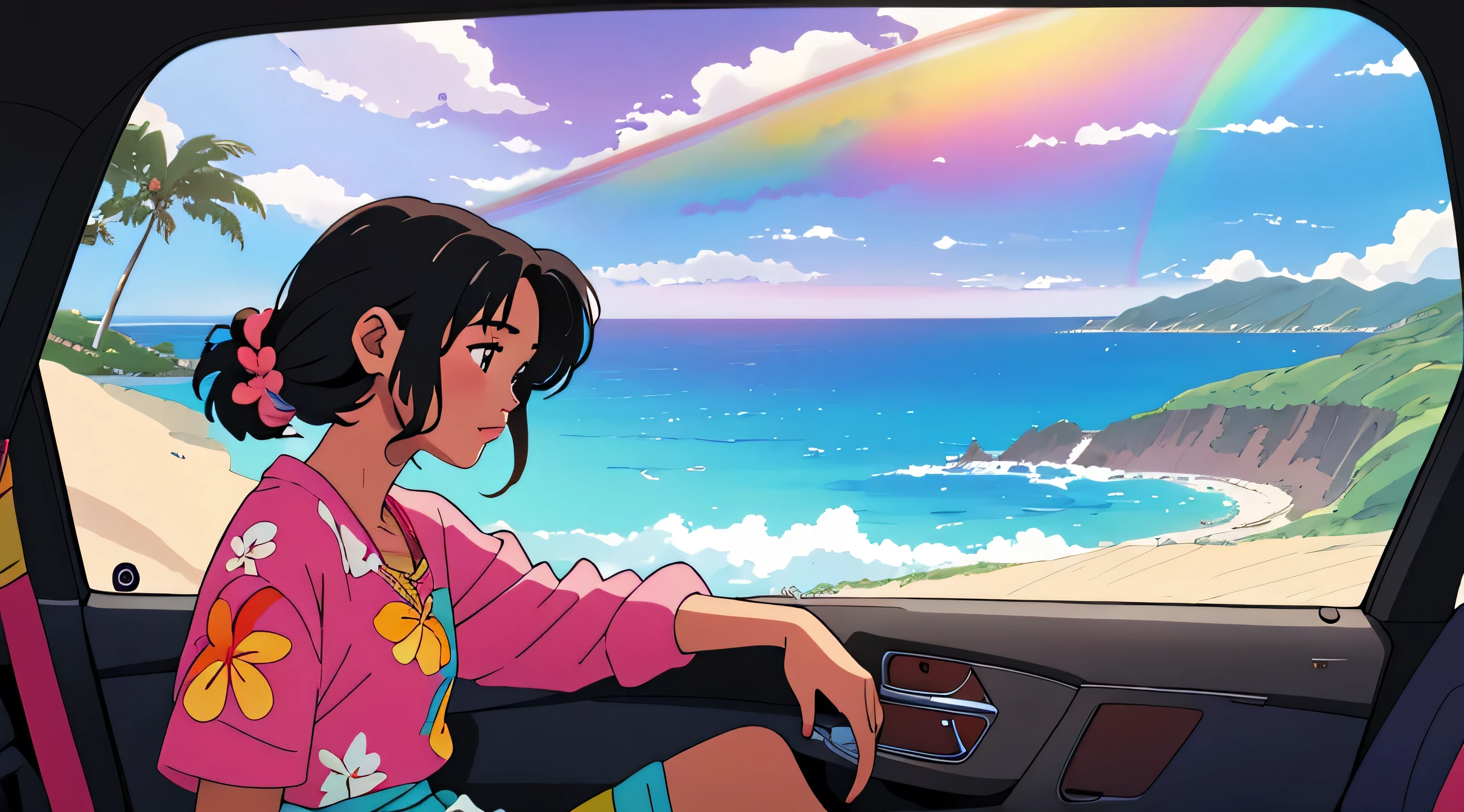 masterpiece, Highest quality, Rainbow Style, anime, Beautiful Asian Girl, Sitting in a car, Along the Hawaiian Coast, Cute and dreamy,anime,Illustrator,Lo-fi Girl, Blues,