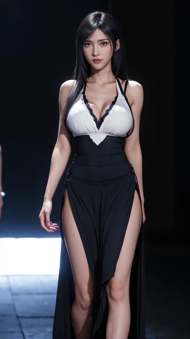 ((best quality)), ((masterpiece)), (detailed), perfect face, korean girl person posing in the club, arms by side, no extra hands, no extra legs, best quality, 1girl, ((wearing white formal dress covering boobs)), hot, soft lighting, medium sized boobs, big curvy butt, slim and curvy figure, 20 years old, 100 pounds, arms down, no pose, standing normally, clear background, body facing away from camera, head facing towards camera, boobs are fully covered by dress,