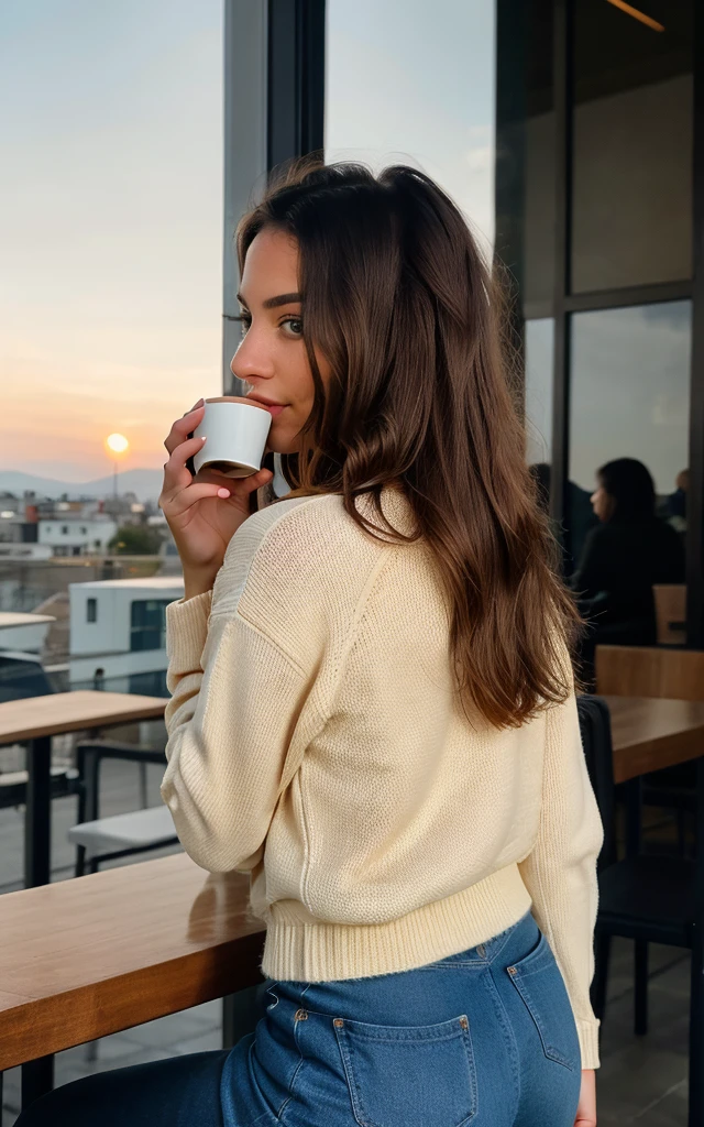 Cute beautiful blonde with yellow sweater (Drinking coffee in a modern café at sunset), muito detalhado, 14years old, innocent face, naturally wavy hair, blue eyes, high-res, ​masterpiece, best qulaity, Intricate detailing, muito detalhado, sharp focus, detailed skin, realistie Hauttextur, Textur, detailled eyes, professional, 4K, charming smile, taken with Canon, 85 mm, light depth of field, Kodak Vision Color, perfectly fitting body, extremely detail, photoshot_\(ultra\), fotorealisti, realisti, Post processing, maximum details, roughness, real life, ultrarealisti, photoshotrealismus, photoshotgrafie, 8K  UHD, photoshotgrafie

faça uma Capa:**

[Minimalist background image with a coffee at dawn, overlooking a military barracks in the distance. The silhouette of a young woman, Ana, is seen from the back, looking towards the barracks, With a notebook in his hand.] She looking at her beloved soldier 

**
*Visual Description:* The cover reflects the romantic and intriguing atmosphere of Ana&#39;s story, a young woman in search of herself and a love that defies convention. she turns away 