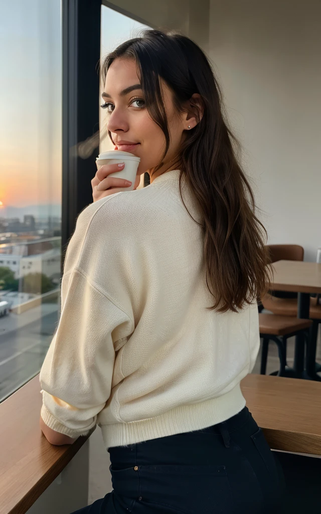 Cute beautiful blonde with yellow sweater (Drinking coffee in a modern café at sunset), muito detalhado, 14years old, innocent face, naturally wavy hair, blue eyes, high-res, ​masterpiece, best qulaity, Intricate detailing, muito detalhado, sharp focus, detailed skin, realistie Hauttextur, Textur, detailled eyes, professional, 4K, charming smile, taken with Canon, 85 mm, light depth of field, Kodak Vision Color, perfectly fitting body, extremely detail, photoshot_\(ultra\), fotorealisti, realisti, Post processing, maximum details, roughness, real life, ultrarealisti, photoshotrealismus, photoshotgrafie, 8K  UHD, photoshotgrafie

faça uma Capa:**

[Minimalist background image with a coffee at dawn, overlooking a military barracks in the distance. The silhouette of a young woman, Ana, is seen from the back, looking towards the barracks, With a notebook in his hand.] She looking at her beloved soldier 

**
*Visual Description:* The cover reflects the romantic and intriguing atmosphere of Ana&#39;s story, a young woman in search of herself and a love that defies convention. she turns away 