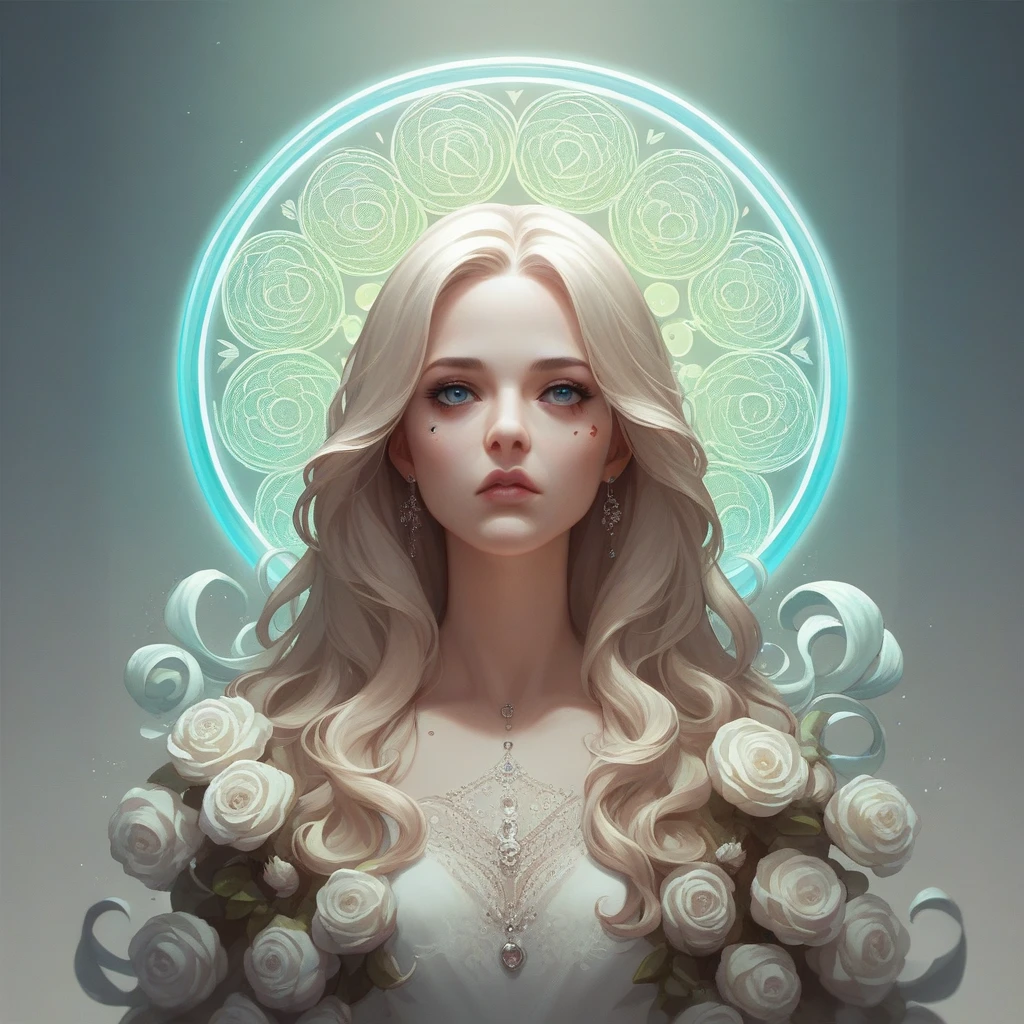 art of photo manipulation, tendrils of europhia flowers mixed with a woman, long flowing batik kebaya, face staring intently ahead, dripping neon bubble background, UHD, very detailed
