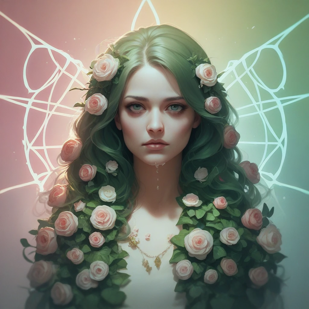 art of photo manipulation, tendrils of europhia flowers mixed with a woman, long flowing batik kebaya, face staring intently ahead, dripping neon bubble background, UHD, very detailed