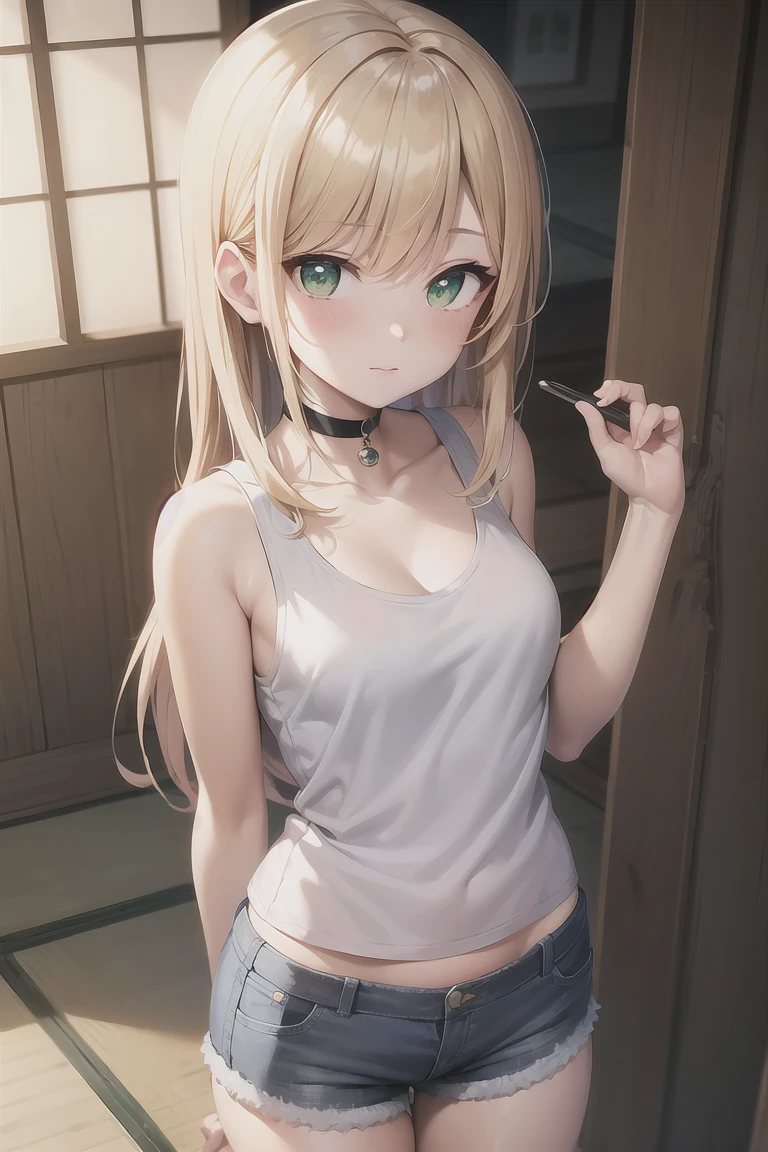 Masterpiece, best quality, Perfect lighting, Blonde Hair, choker, Green Eyes, Long Hair, White tank top, Denim shorts, Japanese ,blush, Have, break looking at viewer,