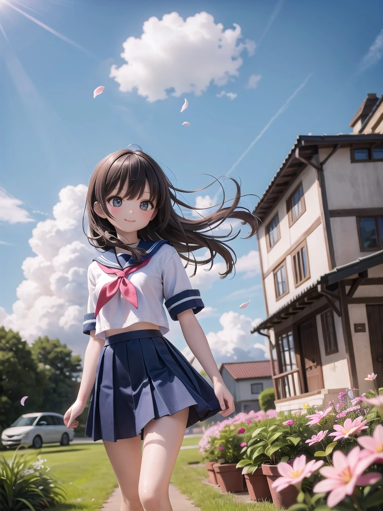 (masterpiece), town, blue sky, One Girl, smile, alone, Sailor suit、Long skirt, Overgrown, petal, plant、Skirt lining、Translucent slip、Nostalgic、Strong winds、Skirt fluttering in the wind