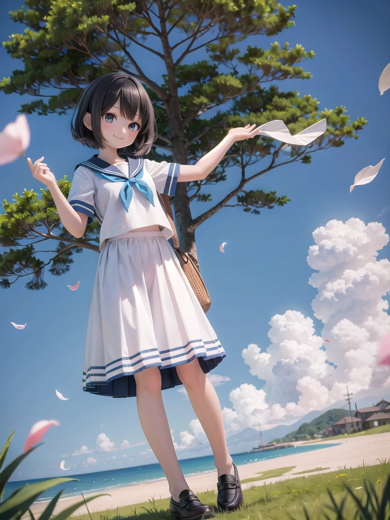 (masterpiece), town, blue sky, One Girl, smile, alone, Sailor suit、Long skirt, Overgrown, petal, plant、Skirt lining、Translucent slip、Nostalgic