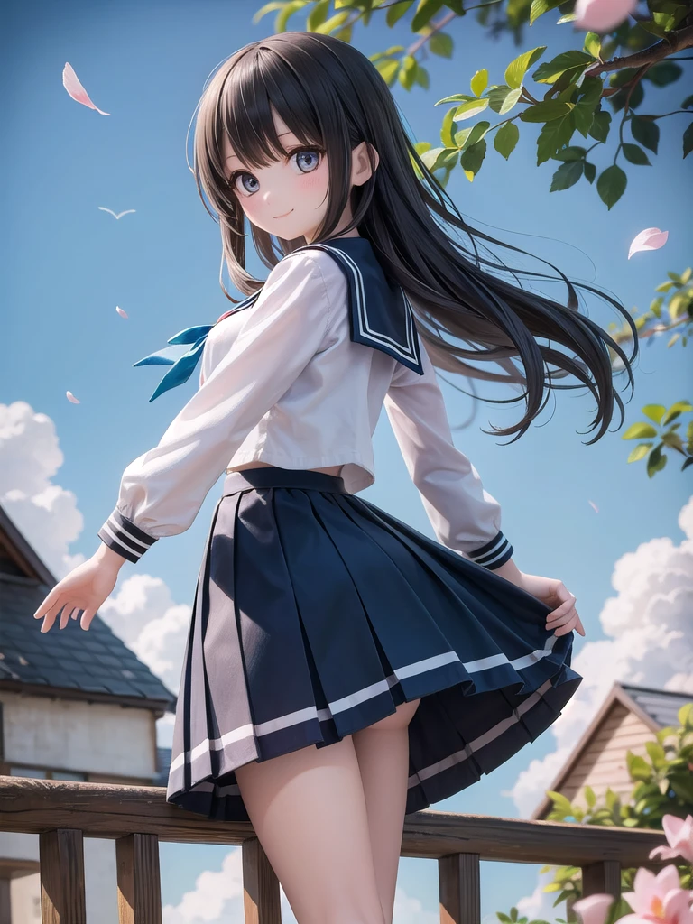 (masterpiece), town, blue sky, One Girl, smile, alone, Sailor suit、Long skirt, Overgrown, petal, plant、Skirt lining、Translucent slip、Nostalgic、Strong winds、Skirt fluttering in the wind