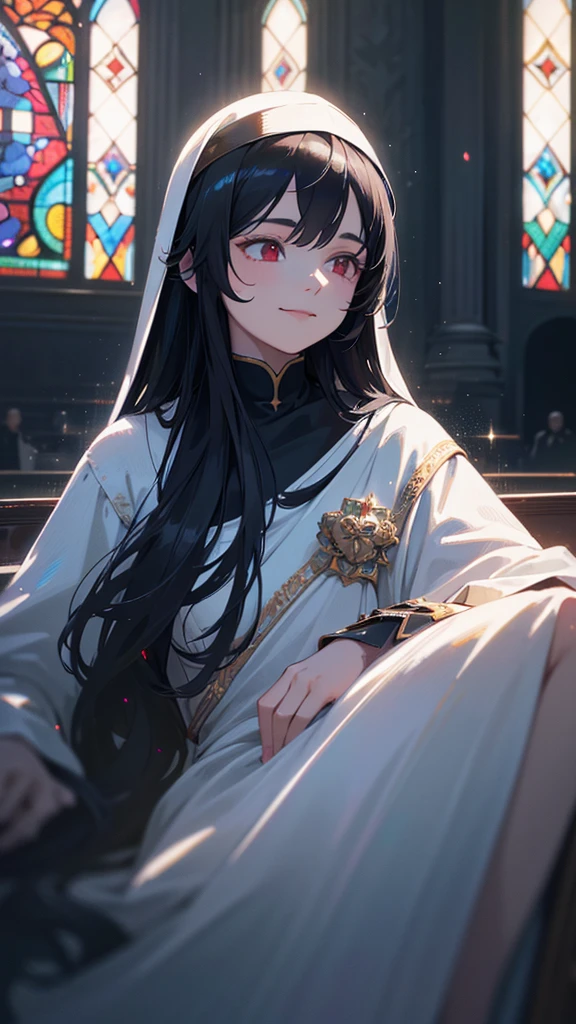 A beautiful, smiling nun in a white habit, with long black hair and red eyes, set against a background of a church, with a fantastical, ethereal atmosphere, accented by shimmering particles of light, reminiscent of stained glass, (best quality,4k,8k,highres,masterpiece:1.2),ultra-detailed,(realistic,photorealistic,photo-realistic:1.37),intricate details,highly detailed,striking colors,dramatic lighting,cinematic,captivating portrait,sacred,spiritual,divine, slight blur, dreamy, soft focus, surreal, mystical ambiance