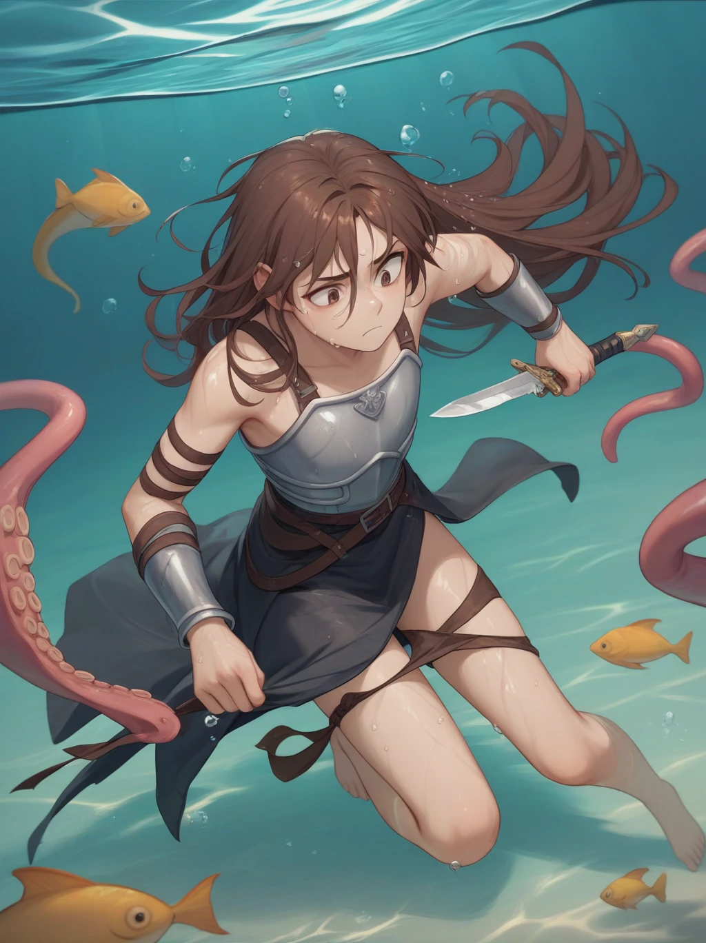 Partially underwater,最high quality,high quality, 4-year-old, , Long Hair, Brown Hair, Wet Hair, Flat Chest,Dark underground labyrinth,No light,Leather armor,Equipped with a dagger and a shield,Face above water,Body in water, Underwater Photography,The robe rolls up due to buoyancy,Painful face、My leg is pulled by tentacles、Being dragged into the water、Go wild