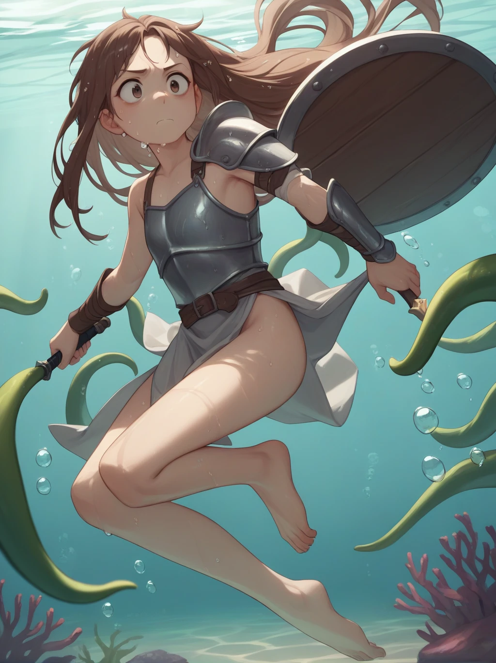 Partially underwater,最high quality,high quality, 4-year-old, , Long Hair, Brown Hair, Wet Hair, Flat Chest,Dark underground labyrinth,No light,Leather armor,Equipped with a dagger and a shield,Face above water,Body in water, Underwater Photography,The robe rolls up due to buoyancy,Painful face、My leg is pulled by tentacles、Being dragged into the water、Go wild