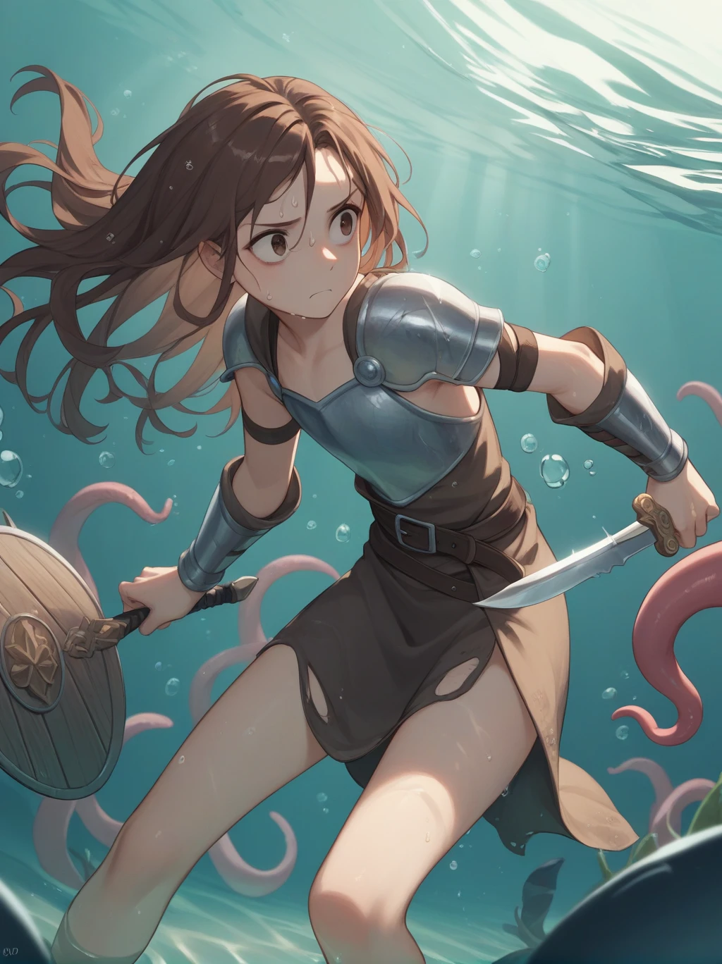 Partially underwater,最high quality,high quality, 4--old,Long Hair, Brown Hair, Wet Hair, Flat Chest,Dark underground labyrinth,No light,Leather armor,Equipped with a dagger and a shield,Face above water,Body in water, Underwater Photography,The robe rolls up due to buoyancy,Painful face、My leg is pulled by tentacles、Being dragged into the water、Go wild