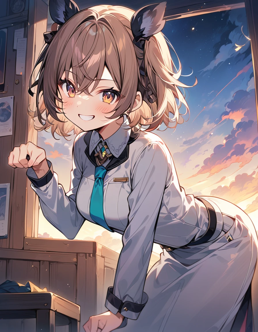 Portrait, official art, best masterpiece, best quality, best resolution, 8K, best detailed, (perfect anatomy:1.3), (looking at viewer)
BREAK
paw pose, leaning forward, from side
BREAK
Sendo Yuuhi, (medium breasts:1.2), solo, 1girl
BREAK
(smile:1.1), (cheek), grinning face
BREAK
room, (at dusk), very detailed 16KCG wallpapers