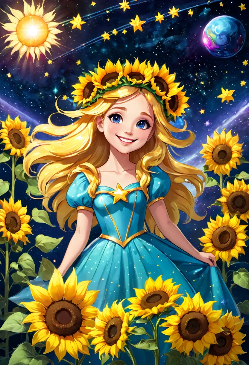The princess is standing on a star of sunflowers, smiling, flower crown, in outer space, the princess has a bouquet of sunflowers