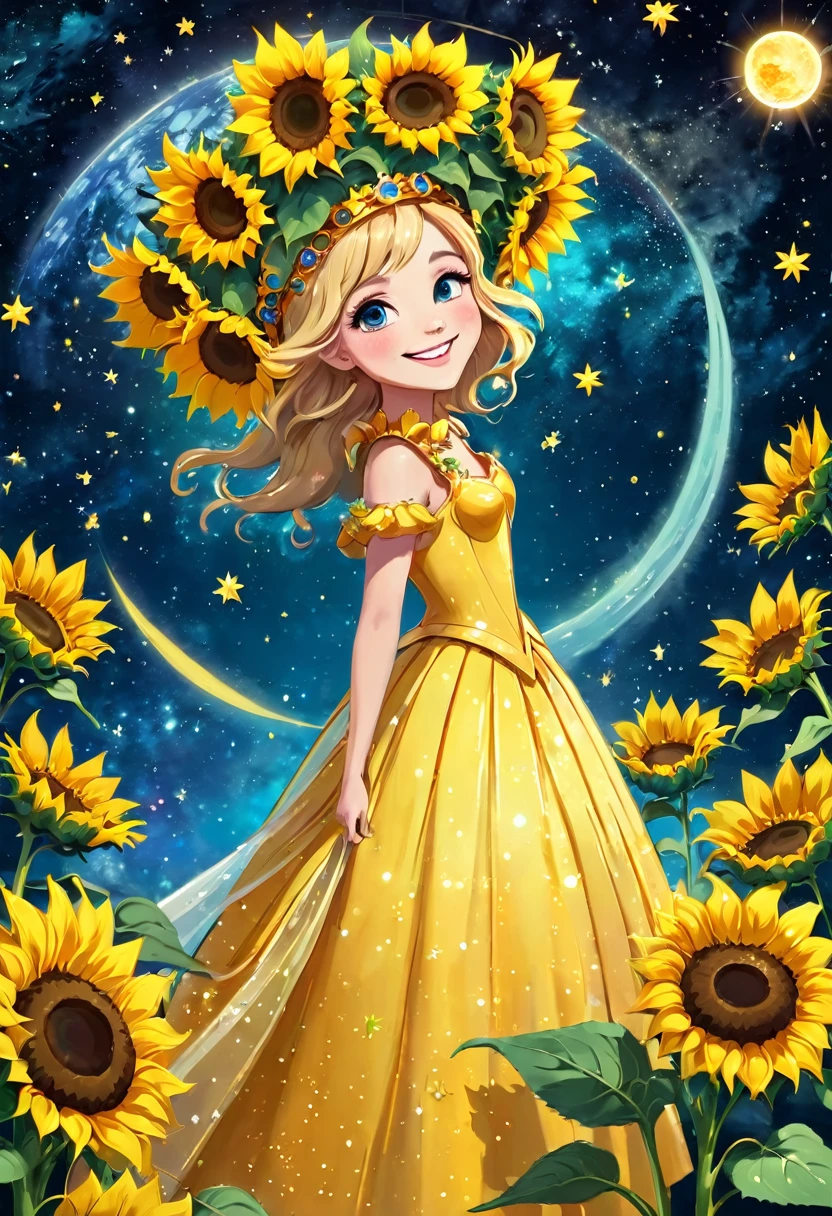 The princess is standing on a star of sunflowers, smiling, flower crown, in outer space, the princess has a bouquet of sunflowers