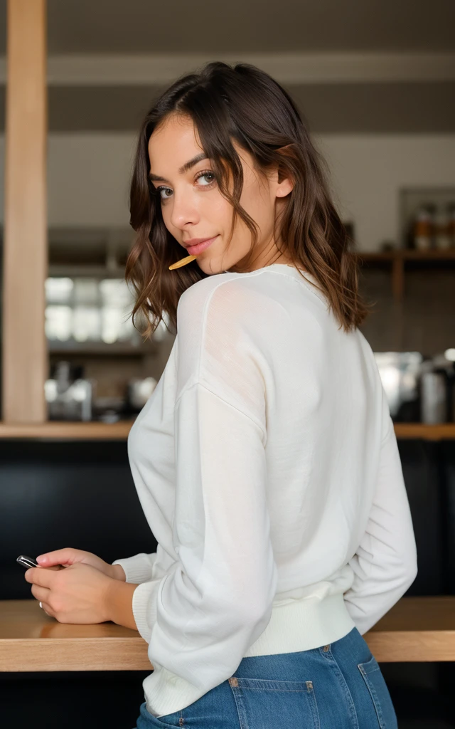 Cute beautiful blonde with yellow sweater (Drinking coffee in a modern café at sunset), muito detalhado, 14years old, innocent face, naturally wavy hair, blue eyes, high-res, ​masterpiece, best qulaity, Intricate detailing, muito detalhado, sharp focus, detailed skin, realistie Hauttextur, Textur, detailled eyes, professional, 4K, charming smile, taken with Canon, 85 mm, light depth of field, Kodak Vision Color, perfectly fitting body, extremely detail, photoshot_\(ultra\), fotorealisti, realisti, Post processing, maximum details, roughness, real life, ultrarealisti, photoshotrealismus, photoshotgrafie, 8K  UHD, photoshotgrafie

faça uma Capa:**

[Minimalist background image with a coffee at dawn, overlooking a military barracks in the distance. The silhouette of a young woman, Ana, is seen from the back, looking towards the barracks, With a notebook in his hand.] She looking at her beloved soldier 

**
*Visual Description:* The cover reflects the romantic and intriguing atmosphere of Ana&#39;s story, a young woman in search of herself and a love that defies convention. she kissing her military boyfriend