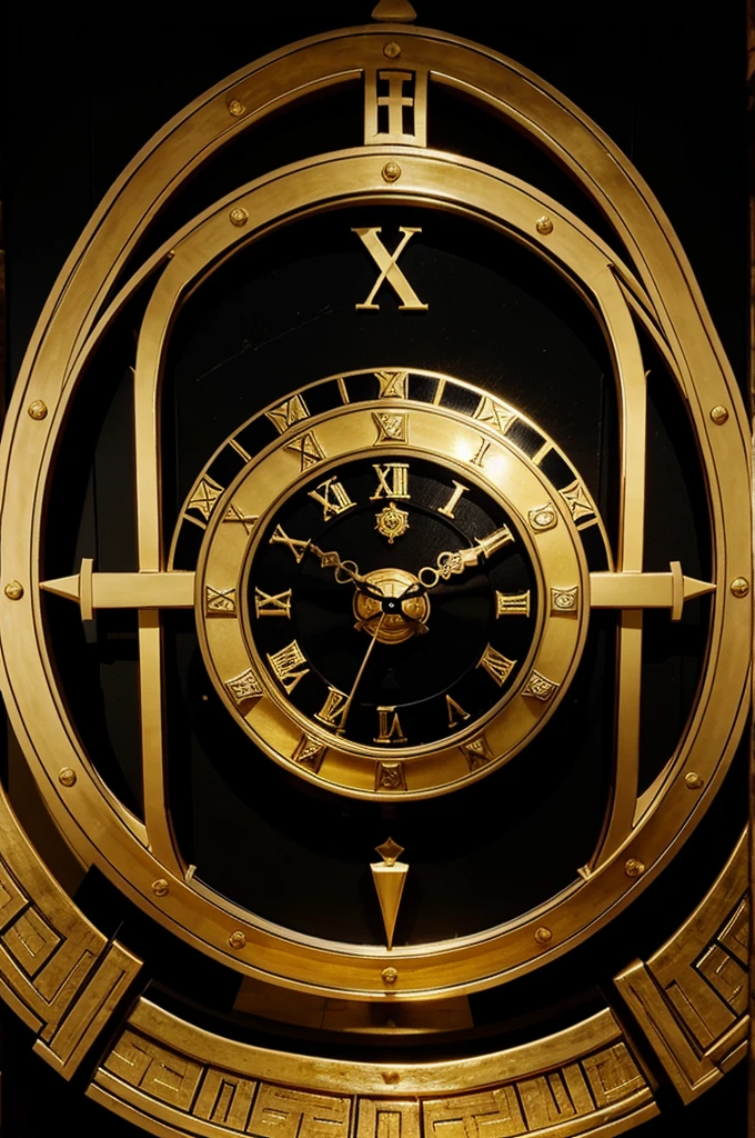 An ancient Roman clock logo with gold and black colors and an evil aura around it With a 2d theme