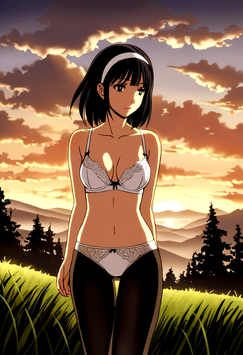 Black Hair Shortcuts hair band White bra Wearing white panties under black pantyhose Beautiful breasts Early morning outdoors