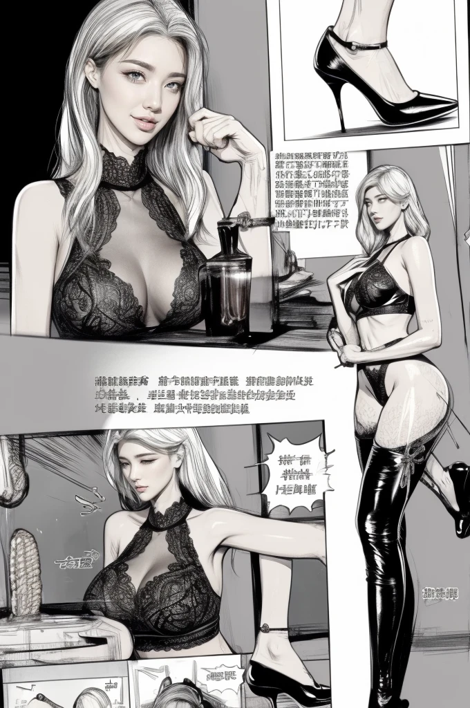 The beautiful girl in lace top and leggings is sitting astride a pile of skeletons in the center of the picture. She is holding a trembling sausage with juice squeezed out in her hand and smiling. There are multiple comic storyboards in the background,cbt, sausage bondage,sausage insertion,Sexy, trampling sausage with high heels heel,(masterpiece, best quality:1.2),1 beautiful girl,sexy,comic storyboard:2, leggings, sit astride, axially symmetrical:2, ,femdom,sounding,cbt,hold,smile,colorful,leggings,thin gap,cameltoe,insertion,trembling,juice,spray, Long hair,Lace top,Sexy, Shiny leggings, High heel,cleveage, trampling, in forest, saliva , Mucus,