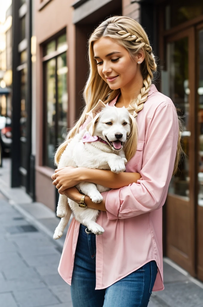 A woman with long blonde hair braided in a pink shirt carries a furry in a beautiful city.