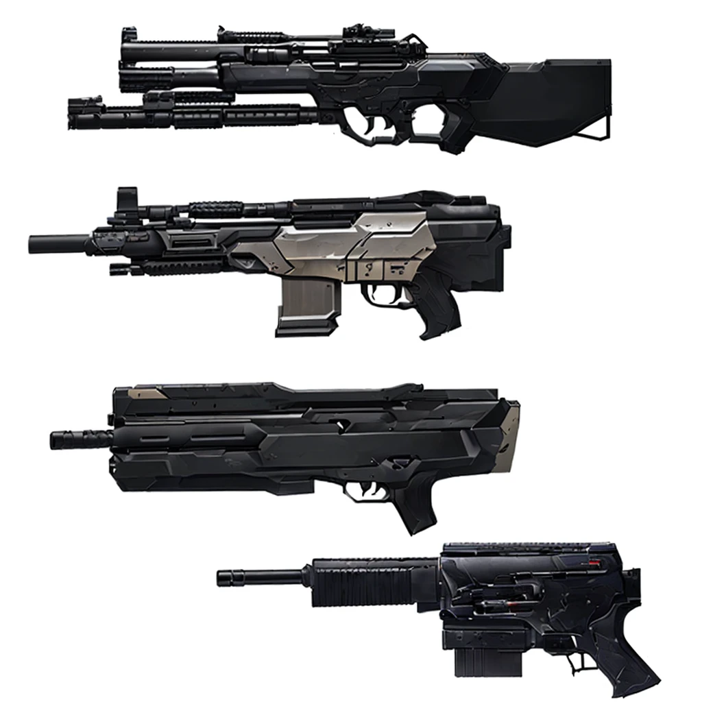 three different types of guns are shown in this drawing, realistic guns, weaponry concept designs, pulse rifles, weapons concept art, weapon concept art, realistic weapons, weapons arrays, weapon design, lots of weapon, weapons, machine guns, fps game concept art, realistic gun design, realistic weapon, gun art reference, laser rifles, rifles, realistic gun, perfect guns