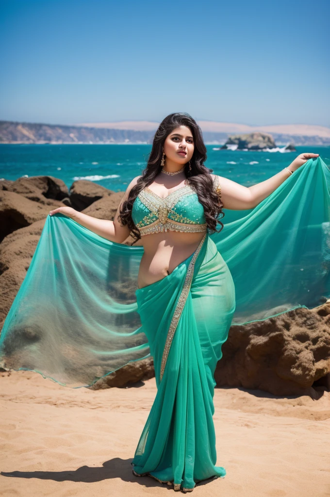 1 Heavenly beautiful and goddess beauty cute and sweet looking face Arabian woman in front of Glass Beach, California, Heavenly beautiful Overweight, Heavenly beautiful Extremely fat, Heavenly beautiful and attractive Chubby figure , Heavenly beautiful looking and eye catching luxury style saree , reaching out, Heavenly beautiful Arabian woman, 16k, High resolution, masterpiece, highest quality, fine skin, outside view, Realistic Photograph