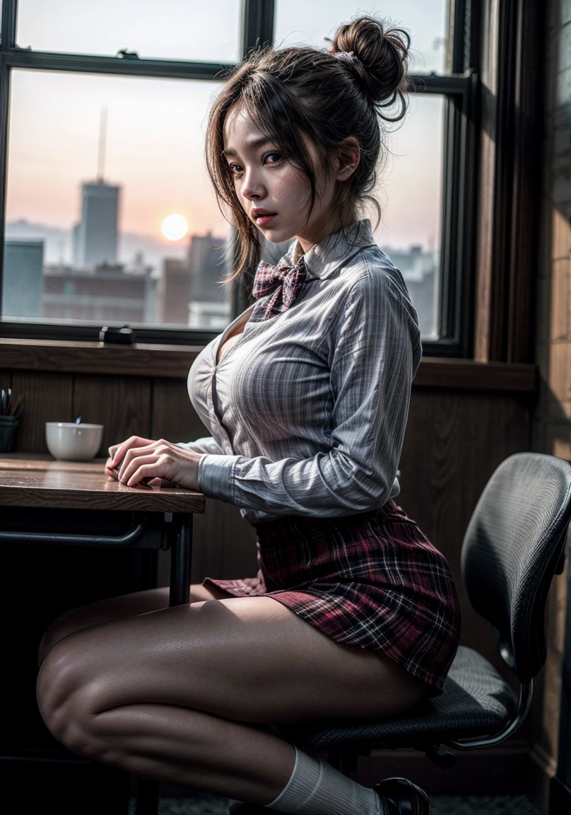 Shot from the side, beautiful woman, tanned skin, pacific islander, sitting at a desk, Hands between her legs, office clothes, (Long sleeved shirt), (plaid skirt), (socks), (bow tie), heels, neckline, big breasts, messy bun, blush, office, setting sun, big windows, last floor, hyperrealism, depth of field, cinematic lighting, UHD, (Masterpiece), (High details), (high quality), (high resolution), 16k, pose sexy, seductive pose