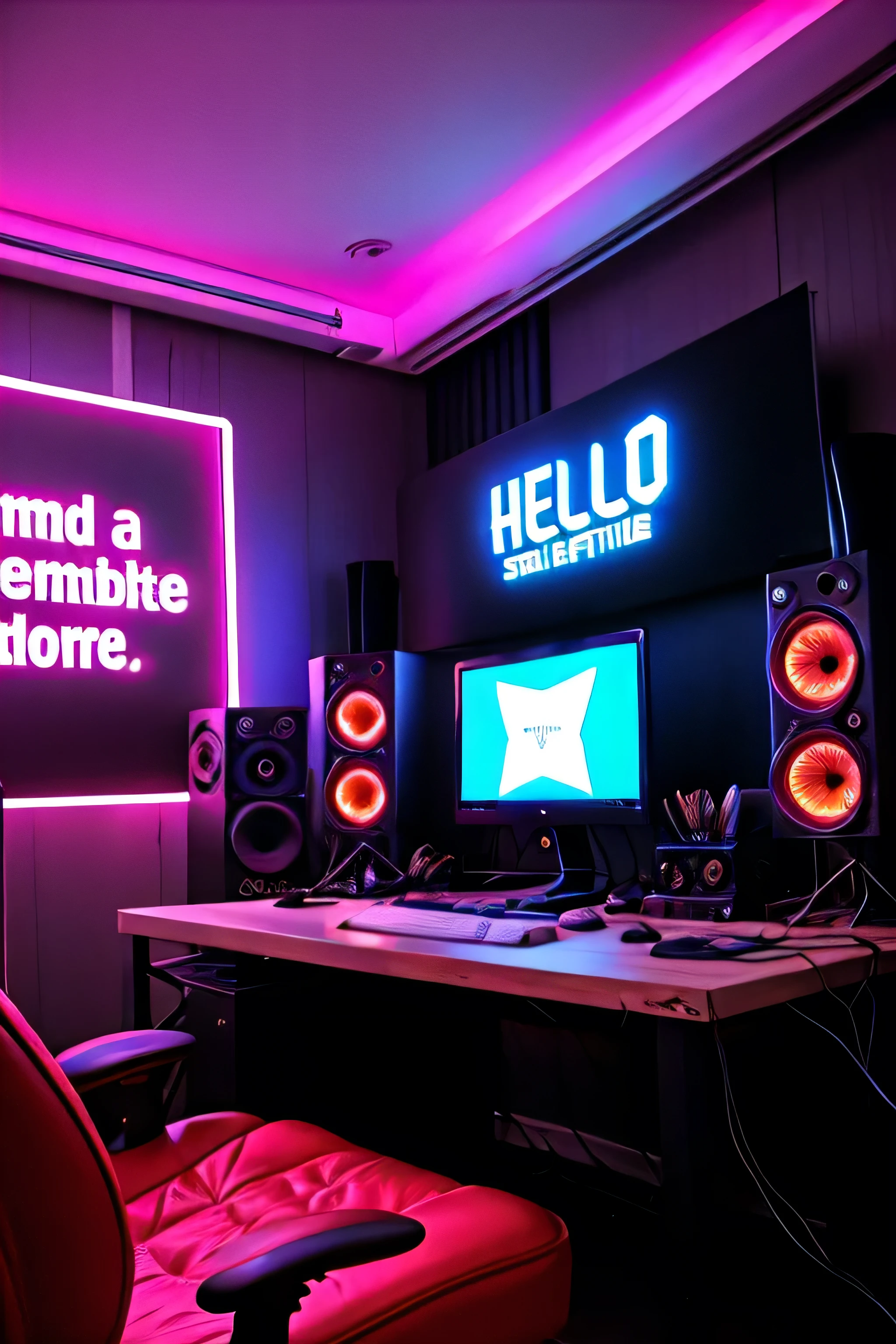 create an image of a YouTuber's studio room with a subtitle neon glow, make a Statement with bold 'Mr.evil  Gamer lettering, Make sure the text Hello is not misspelled