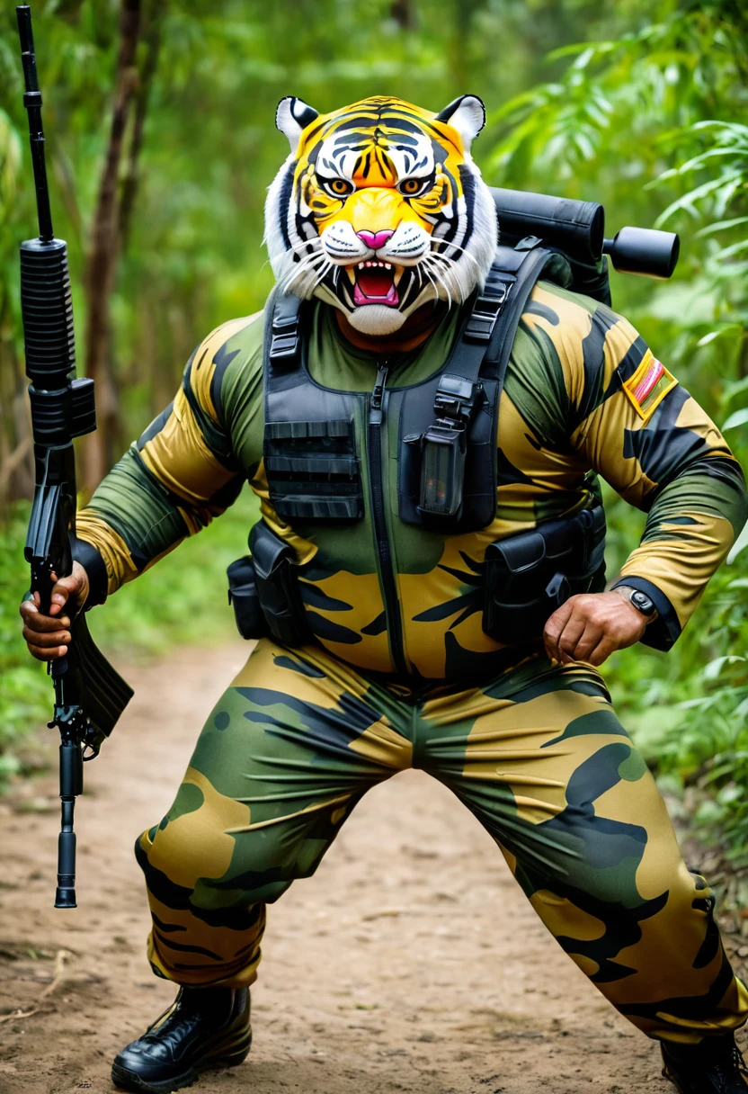 (a dark-skinned fat muscular old man in a bulky army camouflage zipper diver suit) shooting with a rifle and (wearing realistic roaring siberian tiger mask), muscular, Bruce Onobrakpeya, sumatraism, stanley artgermm, action, a character portrait, heroic, fierce, snarling