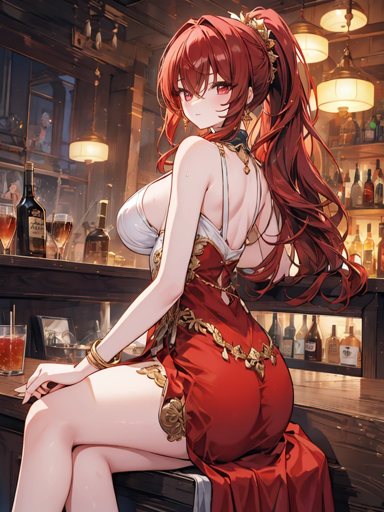 Crossing your legs, Anime style painting, An illustration, liquor, Woman sitting at a bar drinking a cocktail, look back, back, 背景の棚には多彩な色のliquor瓶が並んでいる, Quiet bar, Calm expression, Perfect hands, elder, Red Hair, The dignity of a 50-year-old, ほろ酔いのwoman, solo、(Highly detailed background:1.0)、(Highly detailed background:1.0)、masterpiece、Highest quality、(Babes)、Fractal Art、Red eyes、Narrow eyes、Black and red dress, Reddish lips、From the shoulders up、smile、One Woman、Red long ponytail, Curly Hair, Red eyes,Golden accessories, solo, Big Breasts, woman, Take-out, Provocative laughter,40 year old woman,Queen of Sadism, Highly detailed background, Perfect Human Medicine,